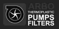Logo for ARBO Thermoplastic Pumps Filters, featuring a stylized pump icon and white text on a dark background.