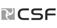 Black and white logo featuring an abstract design in a square on the left and the letters CSF in bold text on the right.