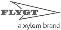 Logo with the word FLYGT inside a stylized arrow shape, above the text a xylem brand.