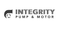 Logo for Integrity Pump & Motor featuring a stylized graphic on the left and bold, uppercase text on the right, all in grayscale.