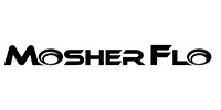 The text Mosher Flo in a bold, stylized black font with circular swirl designs inside the letters O.