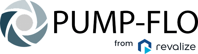 PUMP-FLO logo with a stylized impeller graphic on the left, representing the pump selection portal, and “from revalize” below using a hexagonal logo.